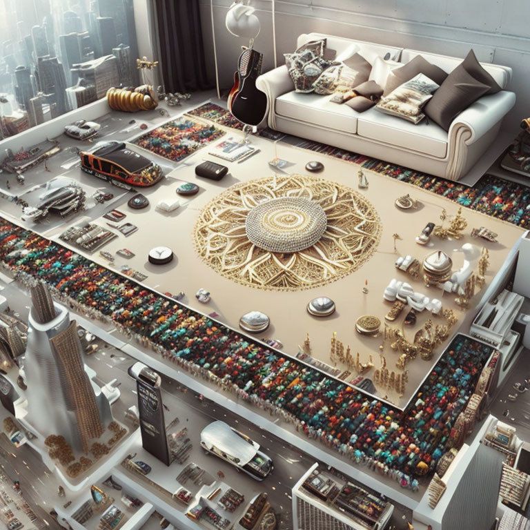 Surreal oversized living room on cityscape with giant objects