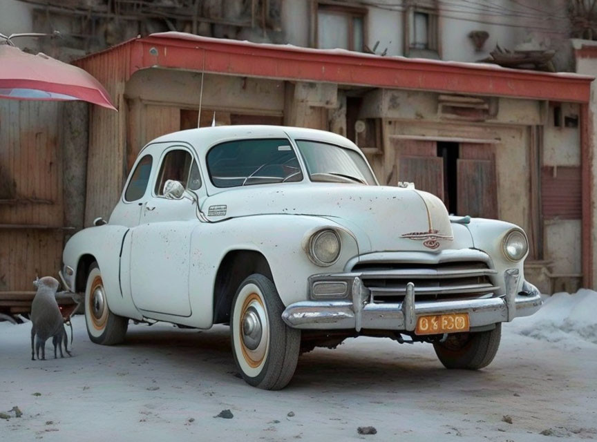 Classic White Car with Patina, Cat, and Old Buildings in Street Scene