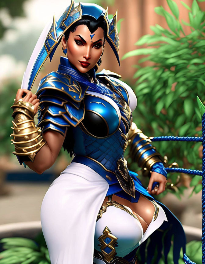 Female character in blue and gold armor with crown and wrist guards, standing confidently in nature.