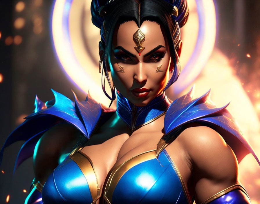 Female warrior in gold and blue armor with glowing elements