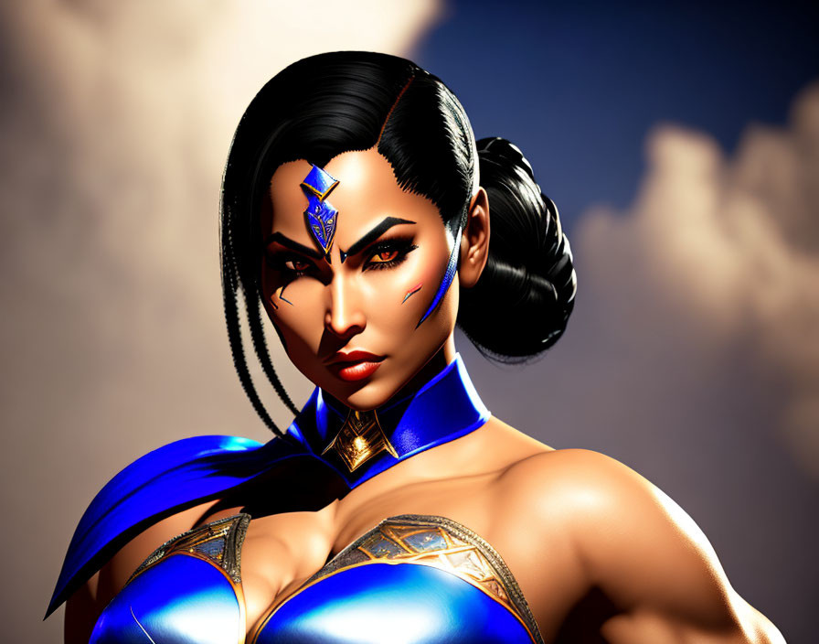 Female superhero 3D rendering in blue and gold costume