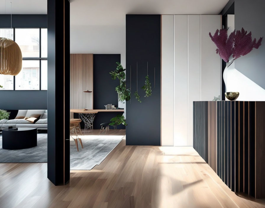 Contemporary Living Room with Sleek Furniture and Dark Accent Walls