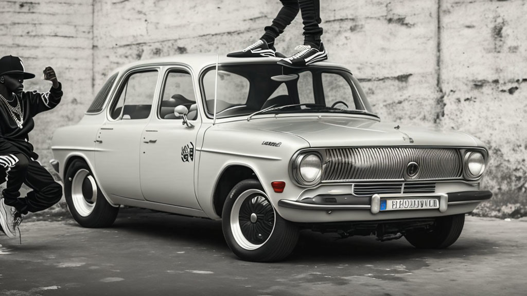 Vintage Car Scene: Two People in Street Style Clothing by Textured Wall