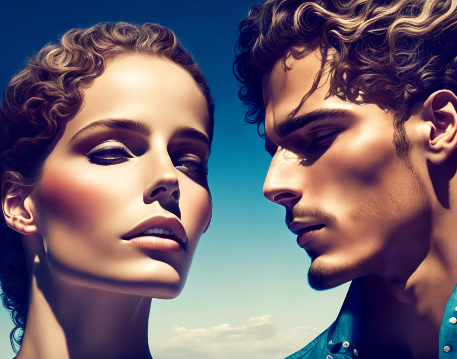 Intense gaze between man and woman with curly hair against blue sky