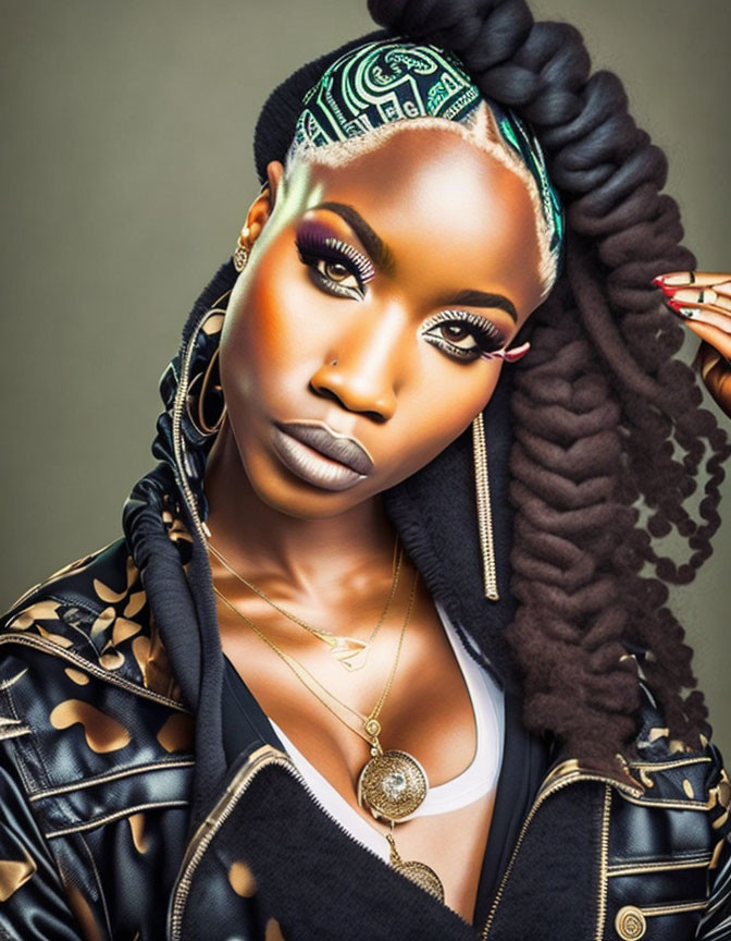 Woman with dramatic makeup and braided updo in bandana, gold jewelry, and leather jacket poses