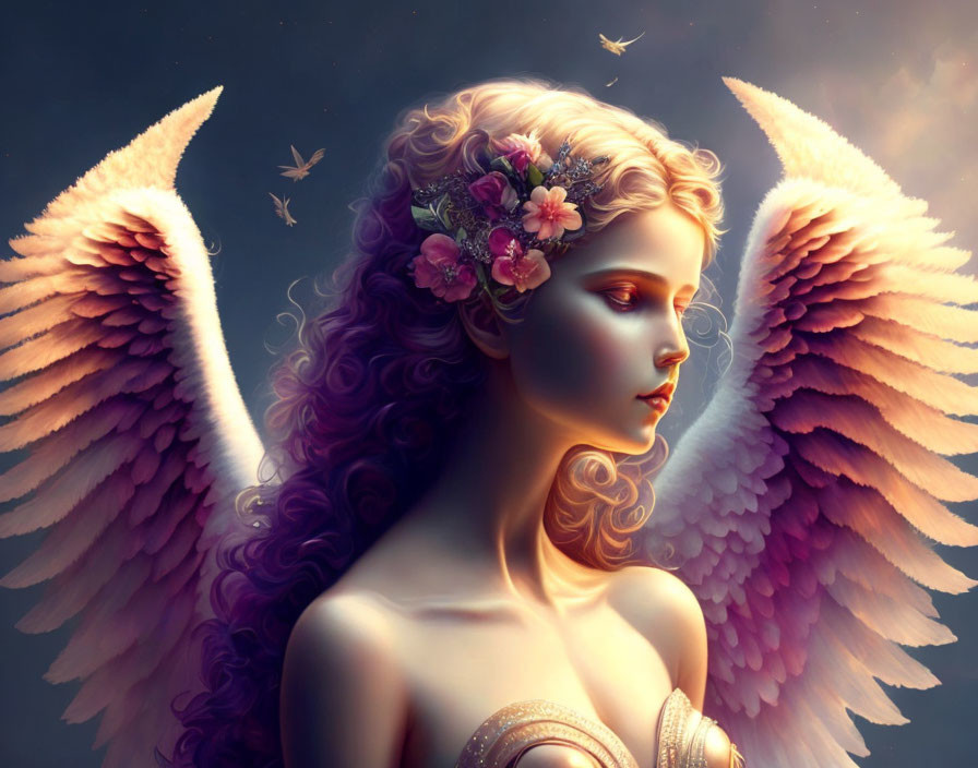 Ethereal female figure with pink wings and lavender hair