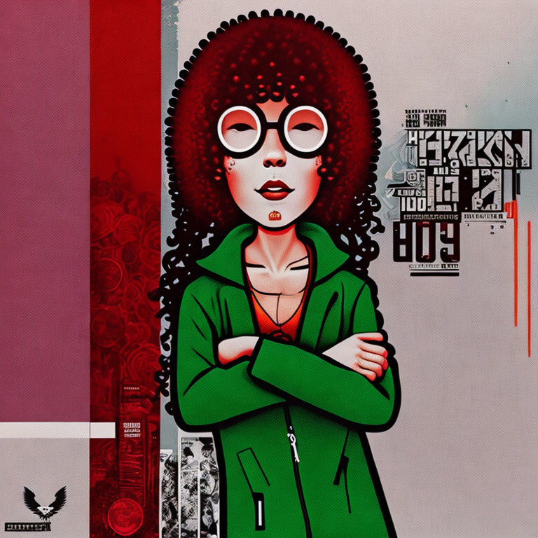 Stylized woman with afro and circular glasses in green jacket against graphic background