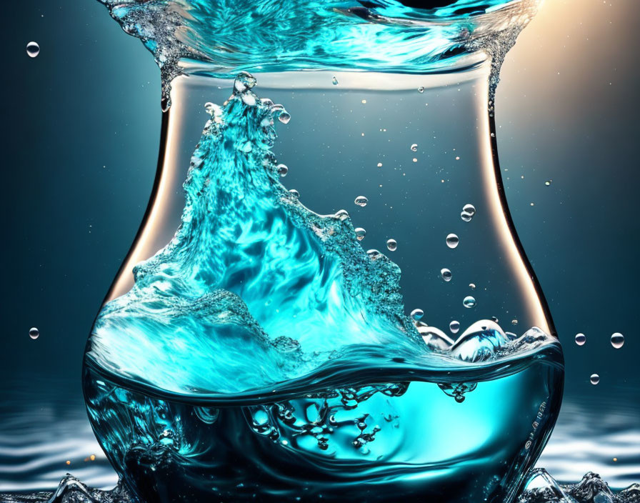 Water splash in glass vessel with suspended droplets on dark background