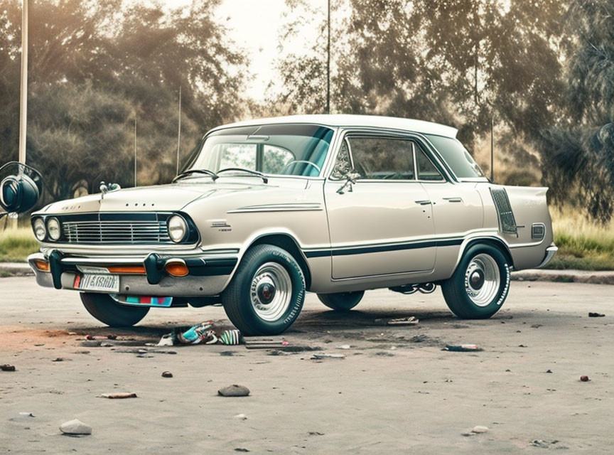 Classic Silver Car Parked Outdoors Among Trees in Soft Golden Light