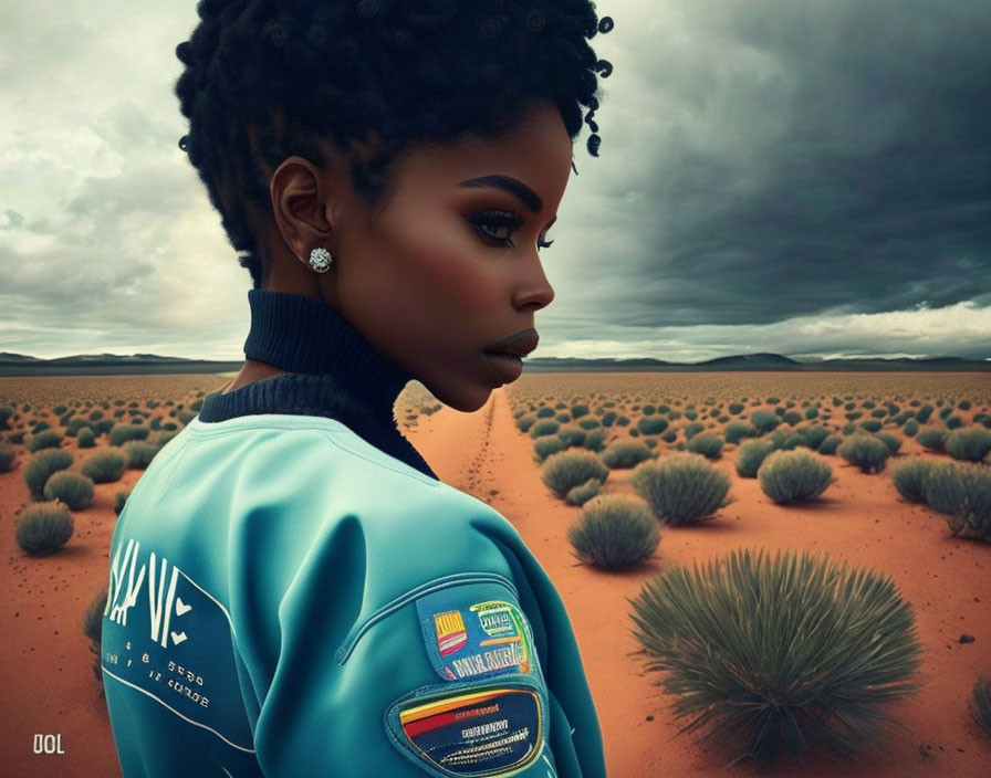 Digital artwork: Woman with intricate hairstyle in desert landscape