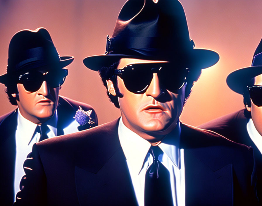 Animated noir detective figures in suits and fedoras on red background