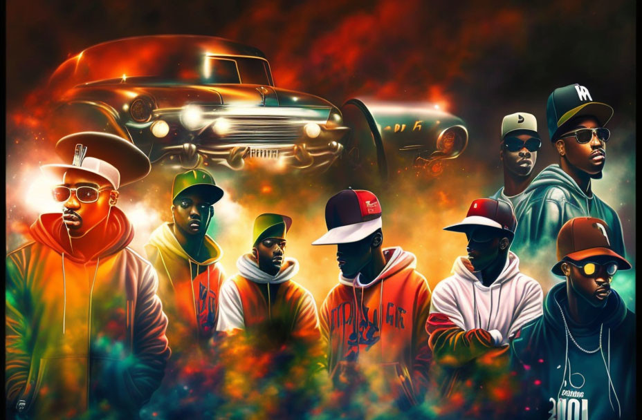 Vibrant hip-hop scene with seven male figures and classic car in fiery backdrop