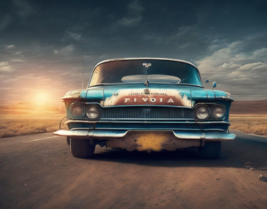 Vintage Blue Car with Rust and Peeling Paint in Desert Setting