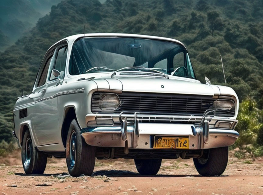 Vintage Silver Pickup Truck with Mountainous Background