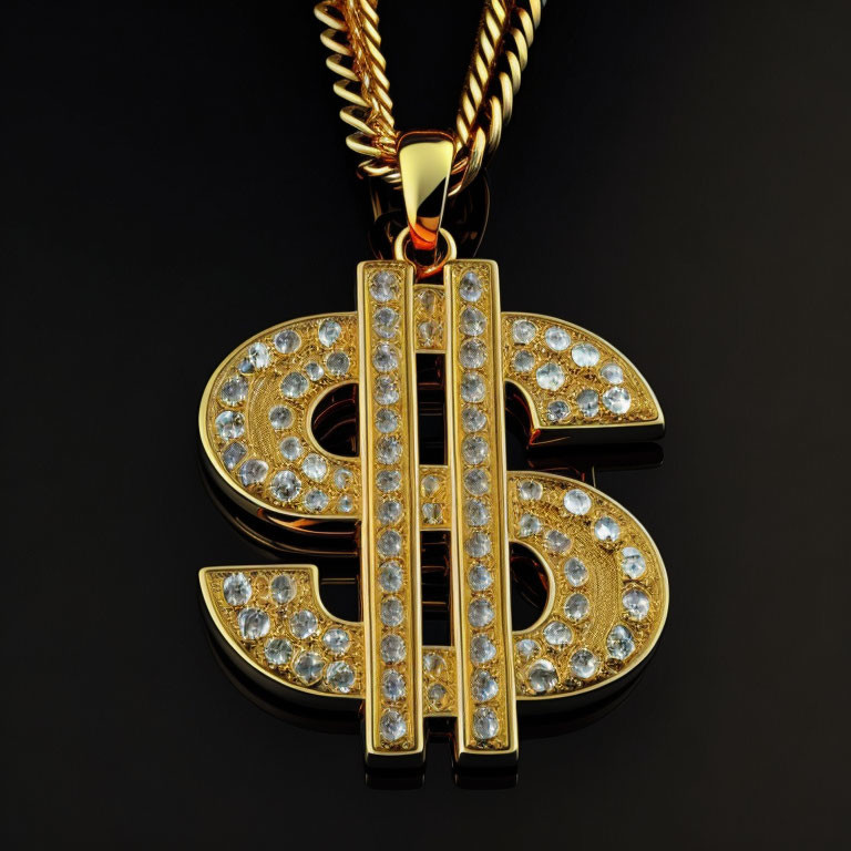 Diamond-encrusted gold dollar sign pendant on twisted chain against black background