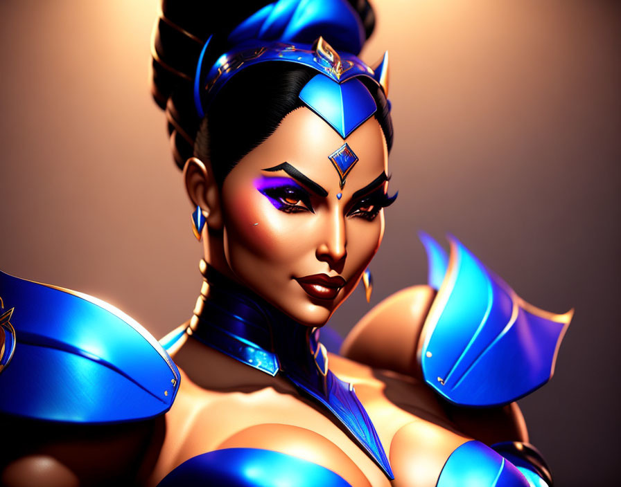 Stylized illustration of a fierce warrior woman in blue and gold armor