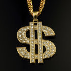 Diamond-encrusted gold dollar sign pendant on twisted chain against black background