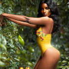 Woman in Yellow Swimsuit Poses Among Green Leaves