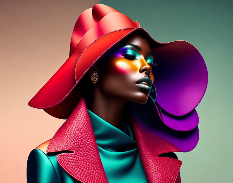 Vibrant portrait of woman in bold makeup and colorful attire with oversized hat