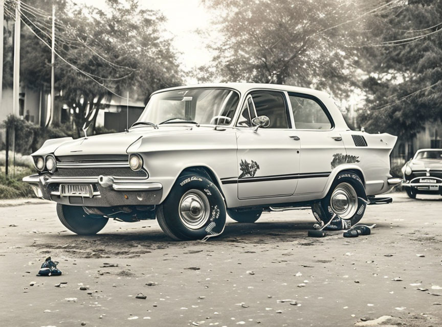 Classic Vintage Car with Front Lifted by Hydraulic Suspension in Sepia Tone