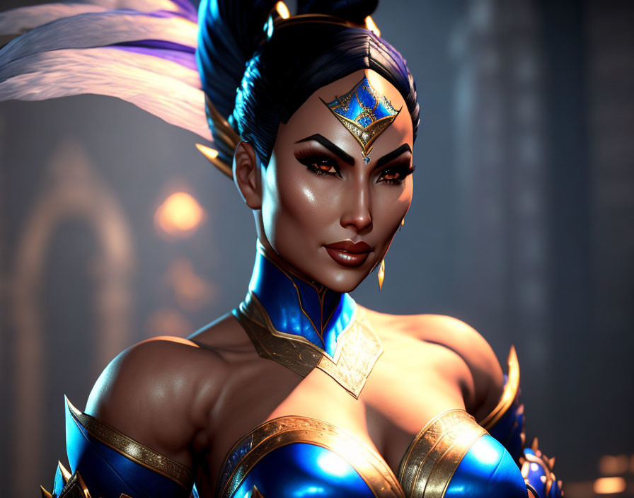 Elaborate blue-gold armor on female warrior in 3D rendering