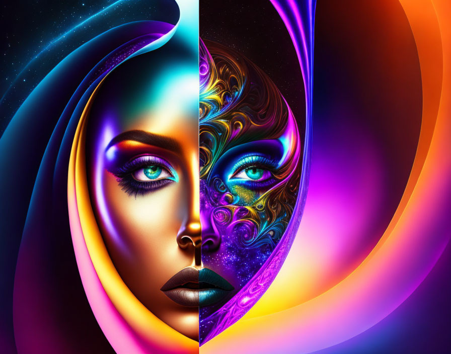 Colorful digital artwork: Two female faces with cosmic patterns