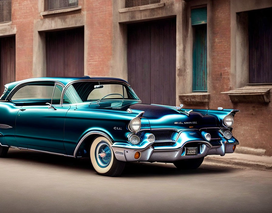 Vintage turquoise classic car with white-walled tires and chrome details parked on street