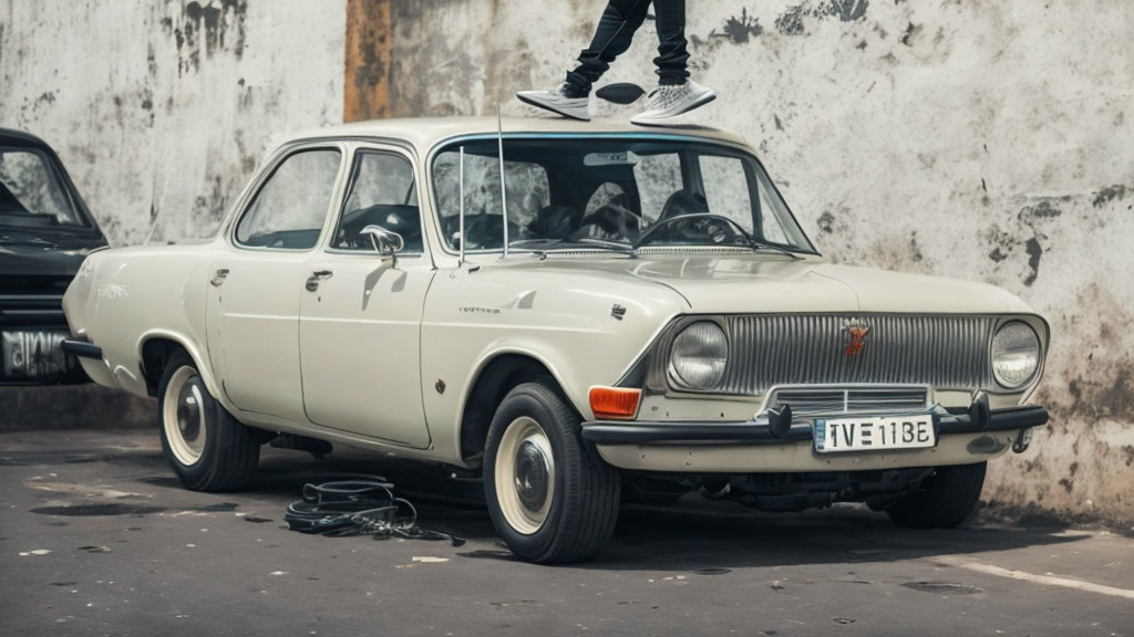 Cream-Colored Vintage Car Parked Against Wall with Person on Roof wearing Sneakers