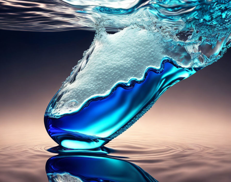 Blue glass object creates splash in water against gradient background