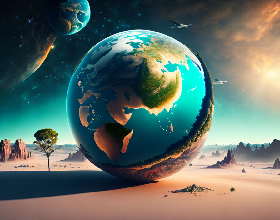 Surreal landscape with oversized Earth-like globe in desert terrain under cosmic sky