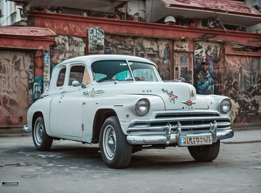 Classic White Car Parked Near Graffiti Walls