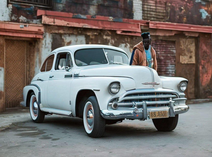 Classic white Chevrolet car parked next to rustic building with graffiti