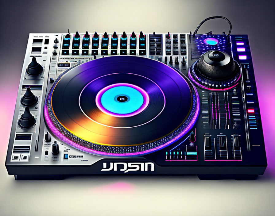 Professional DJ Mixer with Turntable and Illuminated Controls on Purple Background