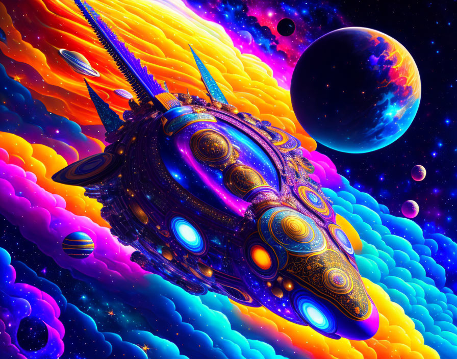 Detailed, colorful spaceship in swirling space nebula.