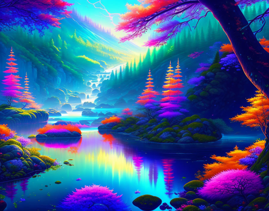 Colorful fantasy landscape with neon trees, reflective river, and lush vegetation at twilight