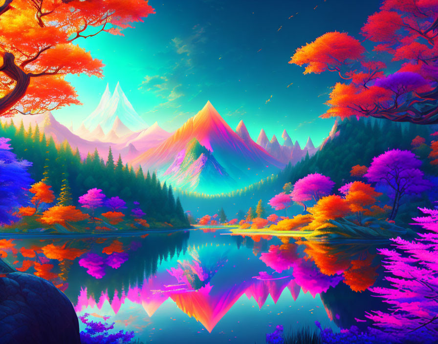 Colorful landscape with neon-lit mountains and serene lake