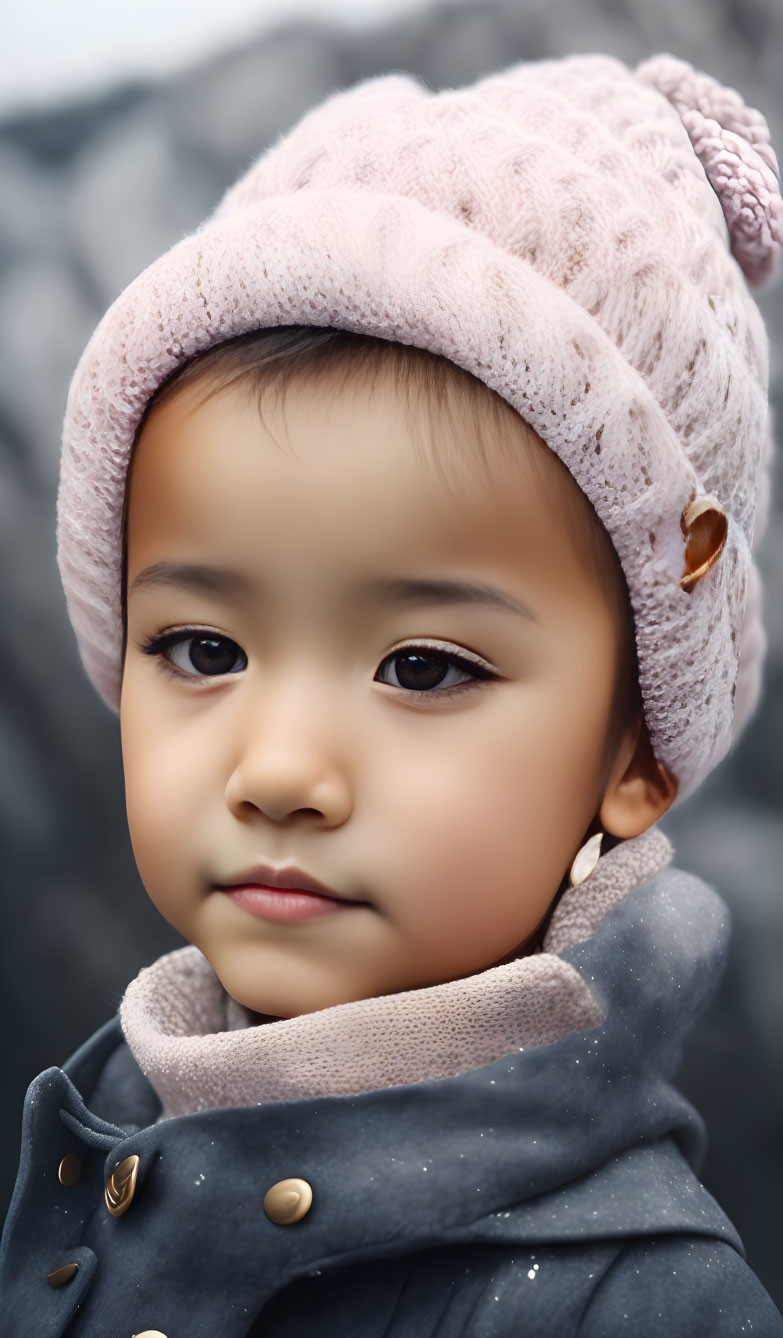 Child in Pink Knitted Hat and Navy Blue Coat with Buttons