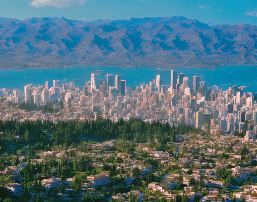 Cityscape with skyscrapers, greenery, and mountains against a clear blue sky
