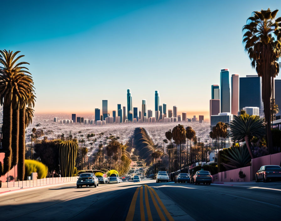 City skyline with skyscrapers, palm trees, vehicles, and hazy atmosphere under clear blue sky