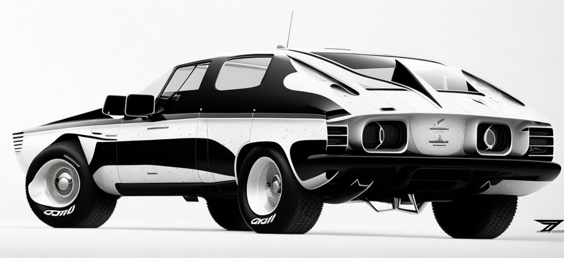 Monochrome retro-futuristic car design with sleek lines and round headlights