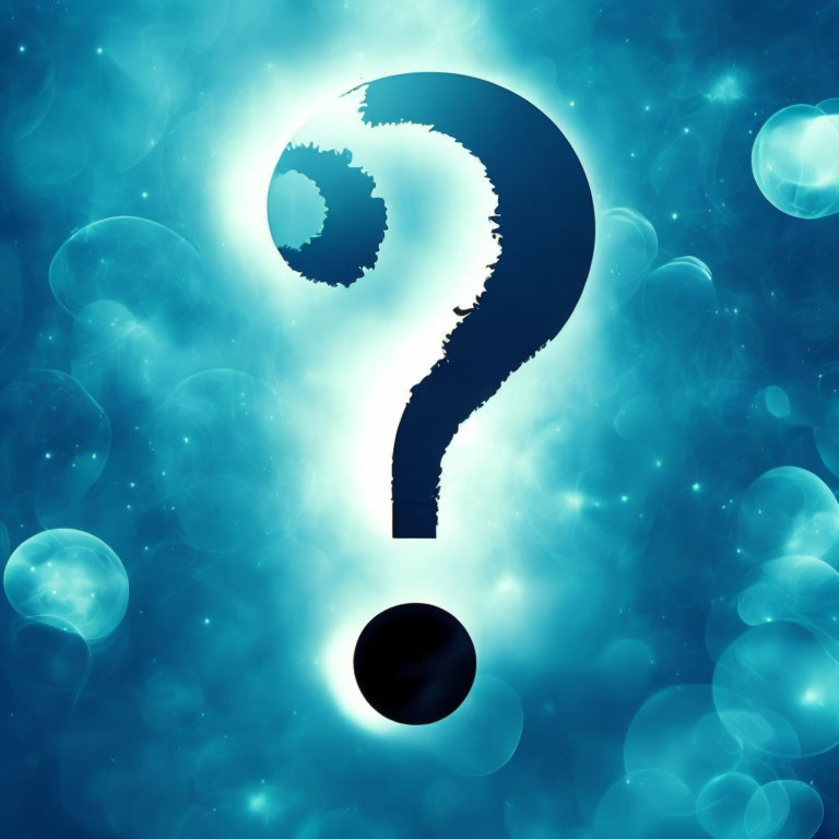 Cosmic background with stylized question mark and glowing orbs