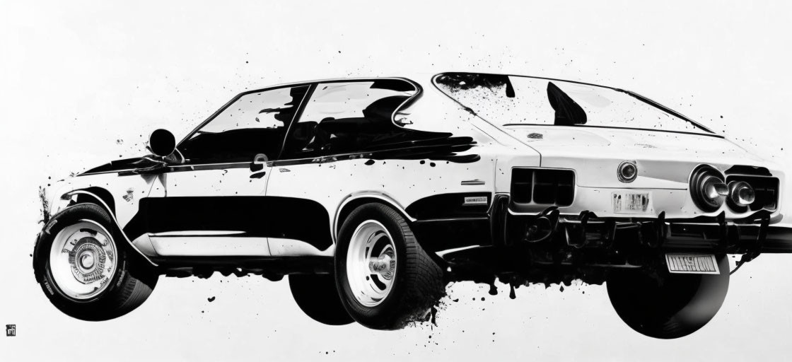 Monochrome split classic car illustration with ink splatter on white background