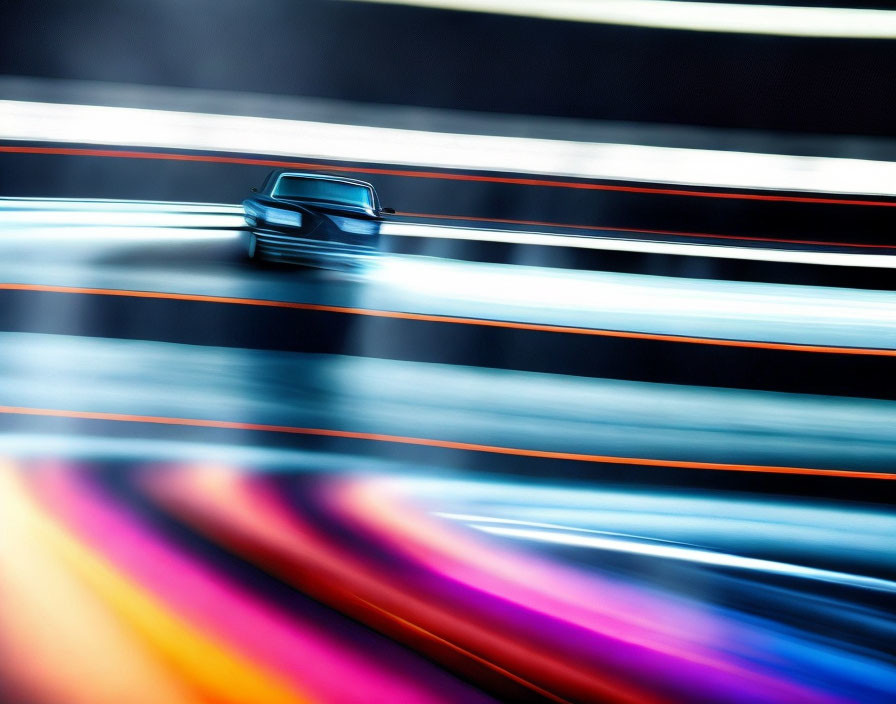 Speeding Car on Road with Colorful Motion Blur Lines at Night