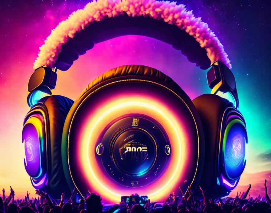 Vibrant headphones art over crowd at sunset