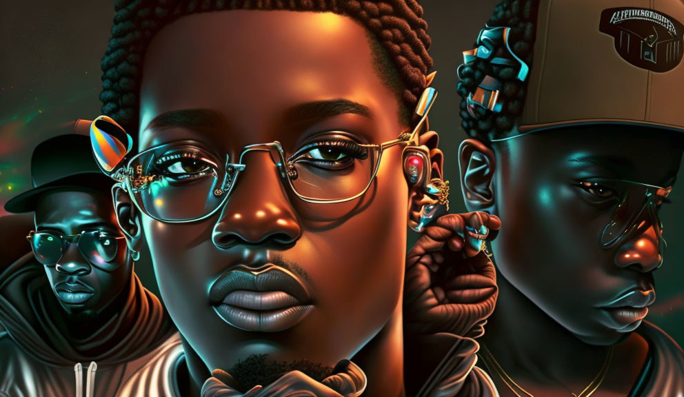 Three stylized portraits with vibrant colors and detailed skin textures