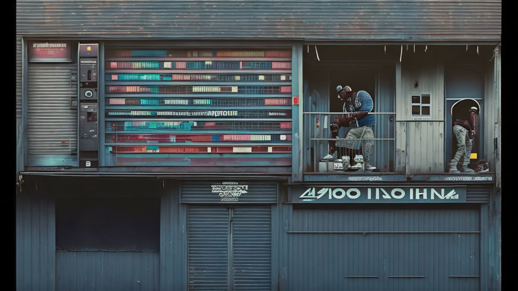 Person watering plants on balcony beside colorful book spines wall.