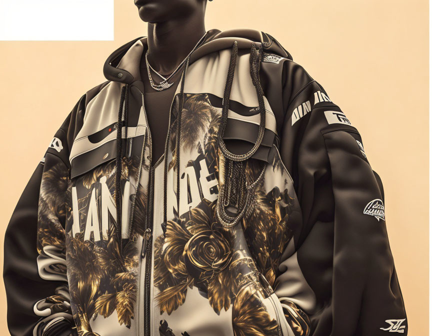 Floral Print Bomber Jacket on Mannequin with Brand Logos & Chain Necklaces