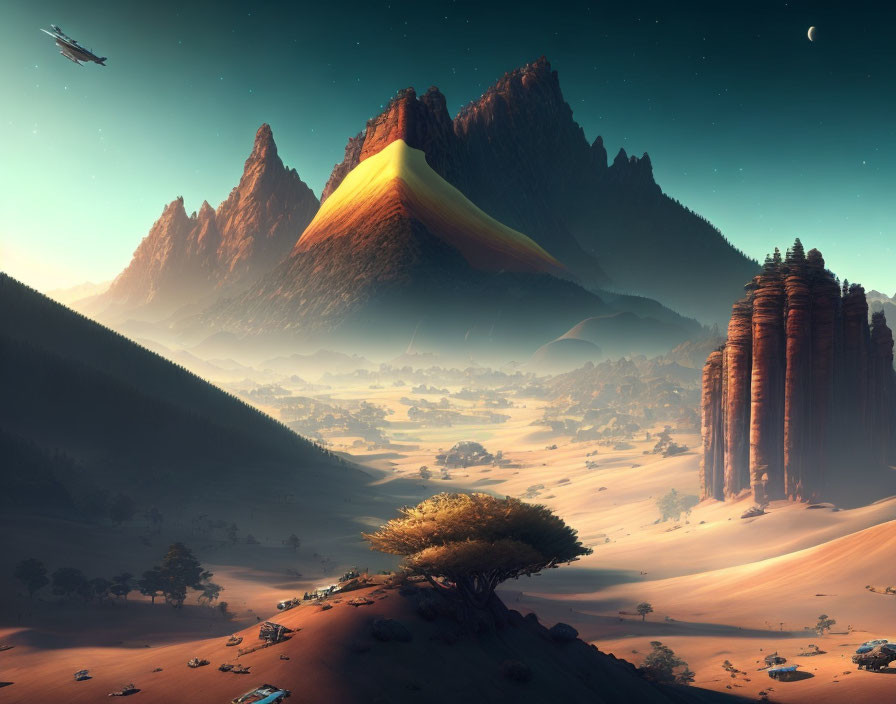 Surreal desert landscape with mountains, tree, spaceship, crescent moon