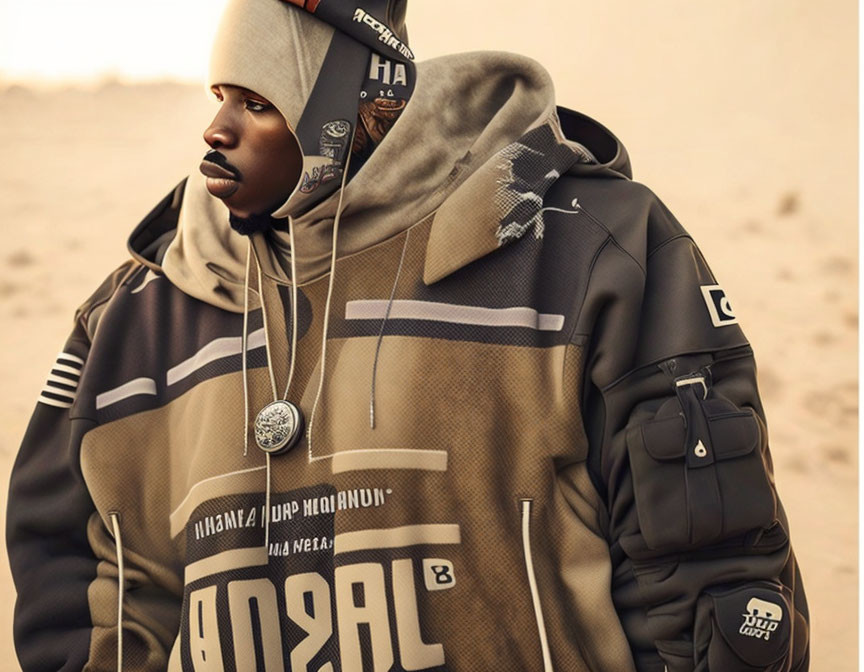 Man in desert wearing camo-patterned hoodie and beanie gazes thoughtfully.