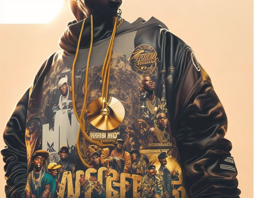 Person in Bomber Jacket with Elaborate Graphic Designs and Gold Chain